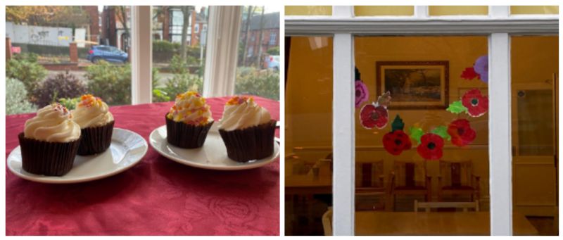 Left image: decorated cupcakes. Right image: poppy garlands in front bay window
